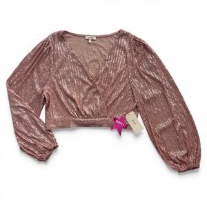 Peach Women XL Rose Gold Sequin Balloon Sleeve Surplice VNeck Crop Top NEW Party